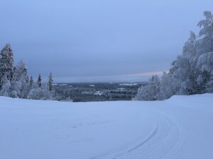 Vinterlandskap utsikt vid skidbacken